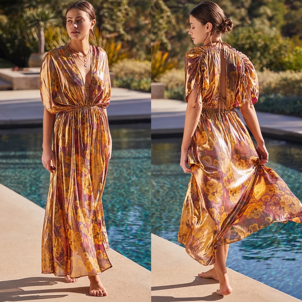 Anthropologie Shine Kaftan Metallic Floral Gold Maxi Dress Medium Evening Party